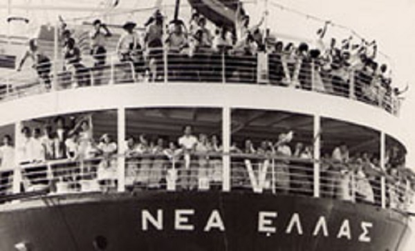 Passengers on the stern of ship New Hellis